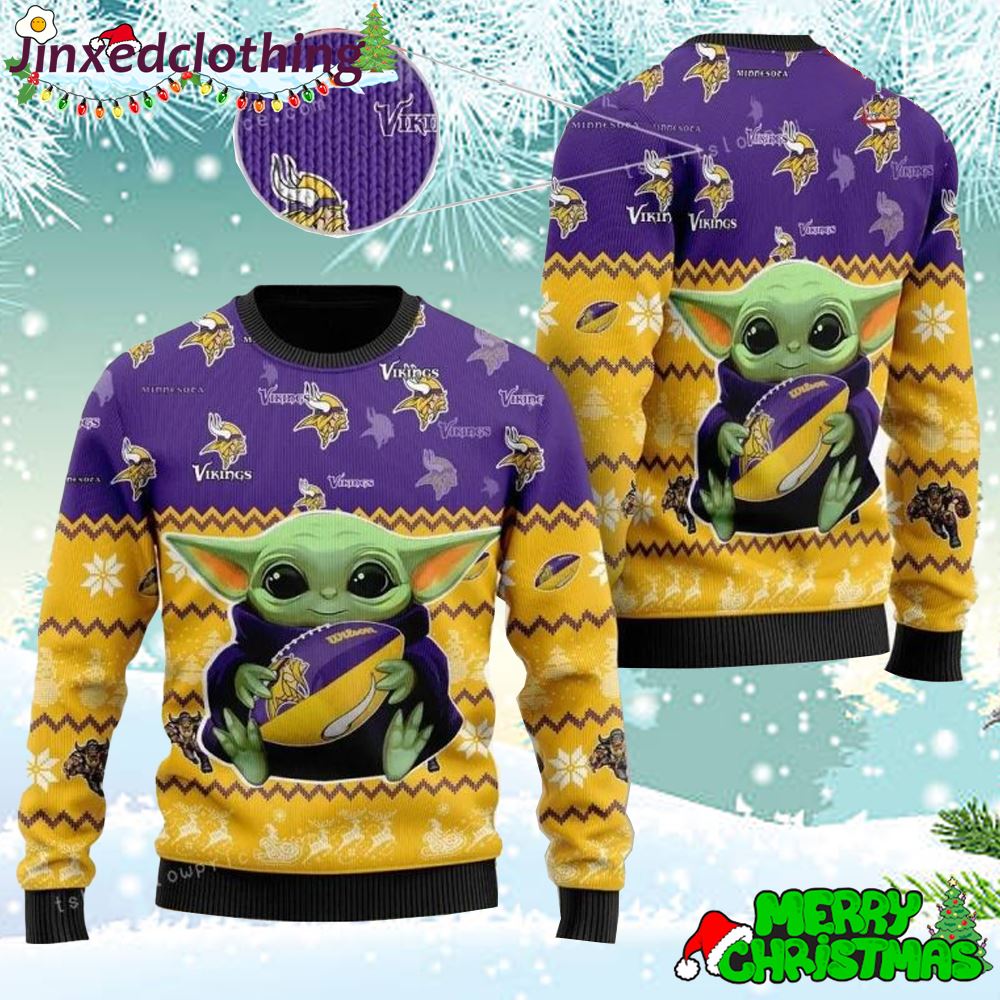 Minnesota Vikings Baby Yoda For American Football Fans Christmas Ugly Sweater 
